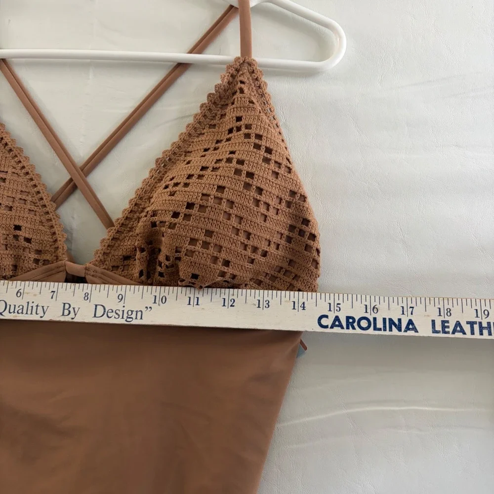 Shade‎ & Shore Women Brown Crochet High Leg Cheeky One Piece Swimsuit Large NEW
